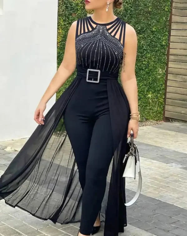 Women Jumpsuit 2025 Summer Simple Sleeveless Round Neck Rhinestone Fashion Sexy Sheer Mesh Daily Casual Commuting Jumpsuit - Image 2