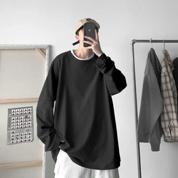 Cotton Men Long Sleeve Tshirt Summer 2xl Oversized Punk Casual Fashion Harajuku Teens Student Clothes Black White Streetwear Top - Image 3