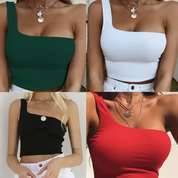Women Lady Female One Shoulder Crop Tops Sleeveless T-Shirt Tank Tops Summer Beach Vest Bare Midriff Summer Fashion Clothes - Image 6