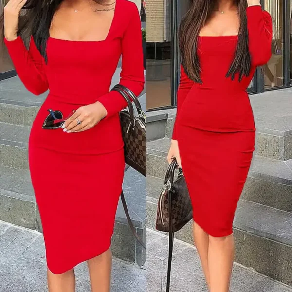 Elegant Womens Cold Shoulder Sexy Chic Red Cocktail Party Slim Fit Dresses Square Collar Long Sleeve Design Bodycon Midi Dress - Image 5