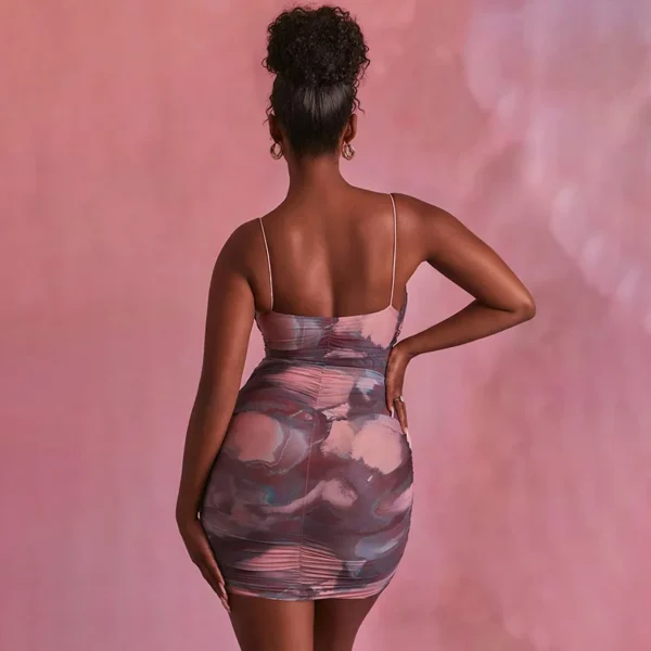 Elegant Chic Style Women Summer Ruched Bodycon Mini Dress Ladies Tie-up Gradient Print Spaghetti Strap Short Dress Streetwear - Image 3