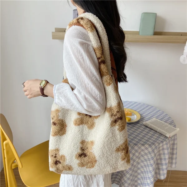 Fabric Shoulder Tote Bag Large Capacity Soft Shopping Bags Girls Cute School Bag Women Plush Bear Handbags - Image 3