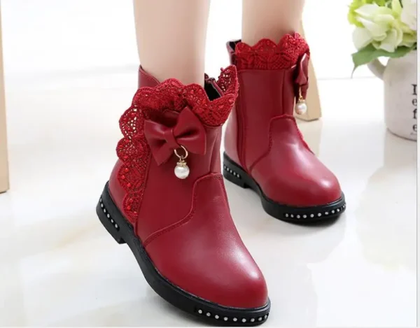 New Children Snow Boots Bow Warm Winter Boots Fashion Plush Baby Shoes Water-Proof Sneakers Girls red black Boots - Image 5