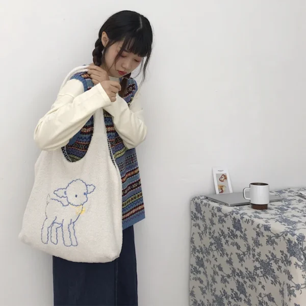 Fabric Shoulder Tote Bag Large Capacity Soft Shopping Bags Girls Cute School Bag Women Plush Bear Handbags - Image 2