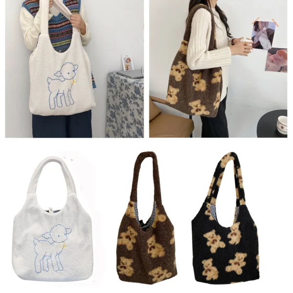 Fabric Shoulder Tote Bag Large Capacity Soft Shopping Bags Girls Cute School Bag Women Plush Bear Handbags