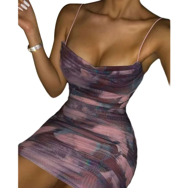 Elegant Chic Style Women Summer Ruched Bodycon Mini Dress Ladies Tie-up Gradient Print Spaghetti Strap Short Dress Streetwear - Image 5