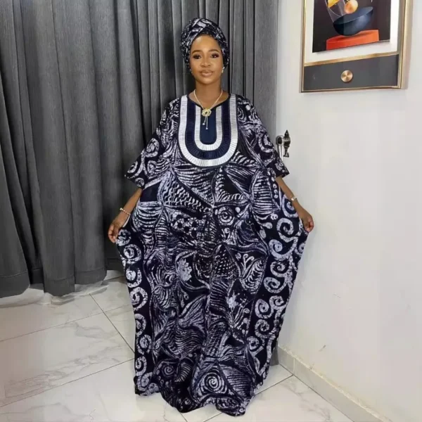 Customized CustomizedAfrican Dresses For Woman Bazin Riche Embroidery Design Long Dress With Scarf - Image 5