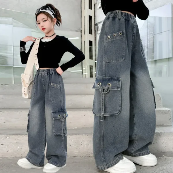 Girls Retro Distressed Cargo Jeans with Pocket For Teenage Kids Baggy Cargo Jeans Trousers Child Fashion Streetwear Denim Pants