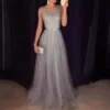 Formal Evening Party Dresses Women Sequined Mesh Patchwork Prom Dress Floor Length High Waist Wedding Bridesmaid Long Dress
