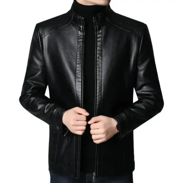 Faux Leather Men Jackets Coats Stand Collar Zipper Coat - Image 4