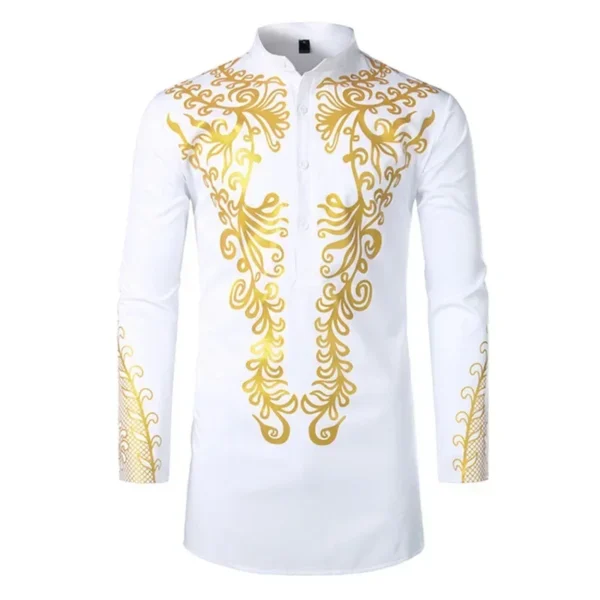 African golden polished dress shirts long tunic mens fashion print button up bridegroom top stand collar clothes black plus size