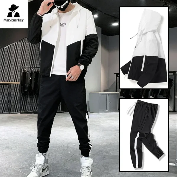 Spring And Autumn Men's Sportswear Suit Hooded Colorblock Casual Jacket + Pants Suit Men's Teenager 2-piece Jogger Sweatshirt - Image 2