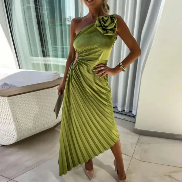 Women Evening Dress One Shoulder Flower Decor Hollow Out Backless Sleeveless Irregular Hem Cocktail Party Wedding Midi Dress - Image 2