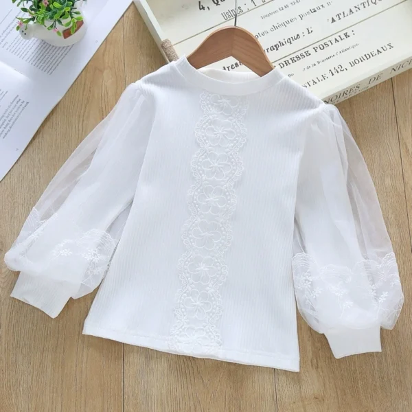 Girls Long Sleeve Cotton T-Shirt Spring Autumn White Blouse Bubble Sleeve Top Princess Elegant Lace Trim Thin Layering Shirt