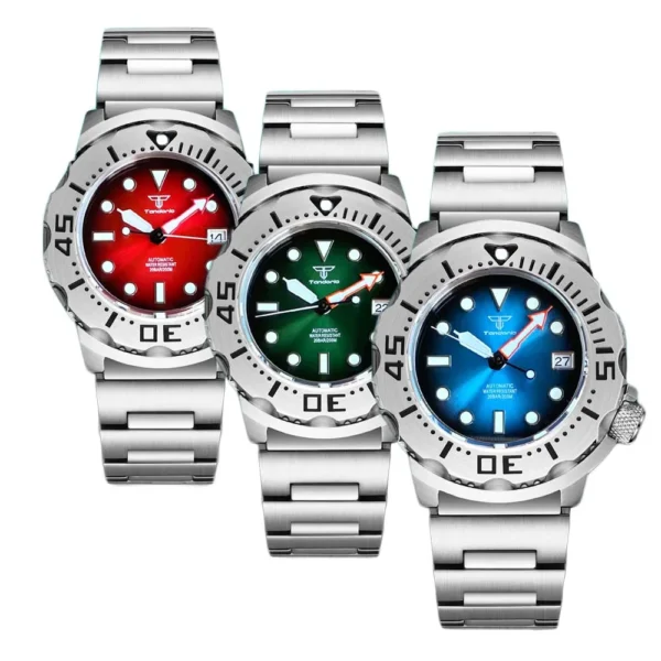20bar Tandorio Monster Knight Diver Steel Mechanical Men Watch Sunburst Blue/Green/Red S NH36AA Movt Steel Bracelet Sapphire