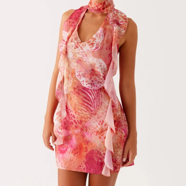 y2k Mini Dress for Women Sexy Backless Sleeveless Halter Neck Low V Neck Open Back Bodycon Sundress with Scarf Cocktail Party