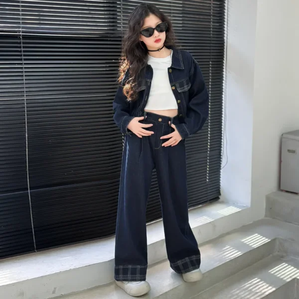 New Girls Children Jacket + Wide Leg Pants 2pcs Kids Suits Teenage Girl Denim Outfits - Image 5