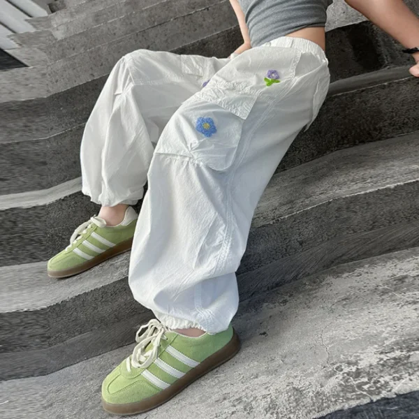 Teen Girls Cargo Pants Child Retro Floral Embroidered High-Waist Straight Wide-Leg Pants for Kids Casual Fashion Loose Trousers - Image 3