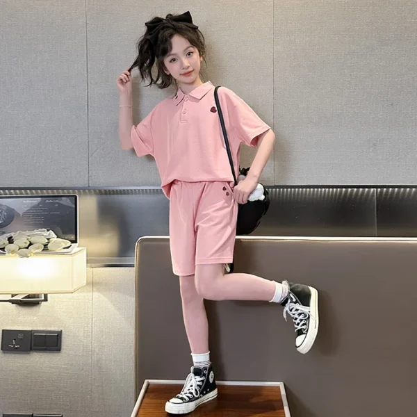 Korean Fashion Girls Summer Clothing Sets Short-Sleeve Polo Shirts and Shorts with Heart Embroidery Two Pieces Kids Costume Suit - Image 3