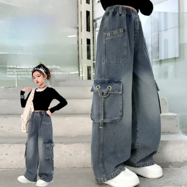 Girls Retro Distressed Cargo Jeans with Pocket For Teenage Kids Baggy Cargo Jeans Trousers Child Fashion Streetwear Denim Pants - Image 2