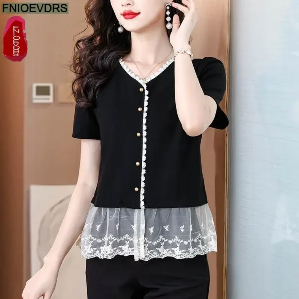 Office Shirts Basic Wear New Design 2025 Women Elegant Fashion Work Lady Summer Short Sleeve Black Lace Peplum Tops Blouses - Image 3