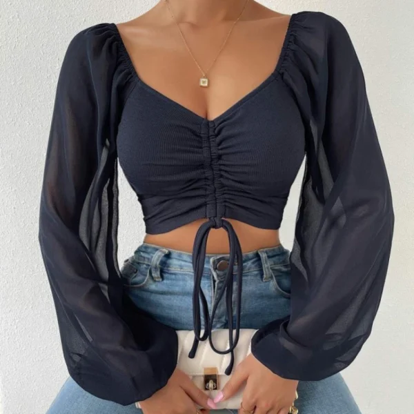 Sexy Mesh Lantern Sleeves Drawstring Wrap Chest Bare Midriff T Shirt Women Long Sleeves Bottoming Shirt Ladies Tee Shirt Tops - Image 3