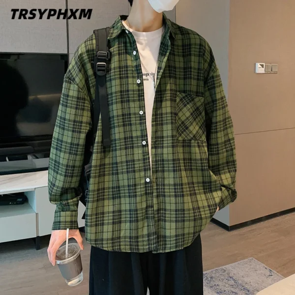 TRSYPHXM 2024 new American retro checkered shirt men's long sleeved trendy casual shirt autumn cool top coat - Image 2