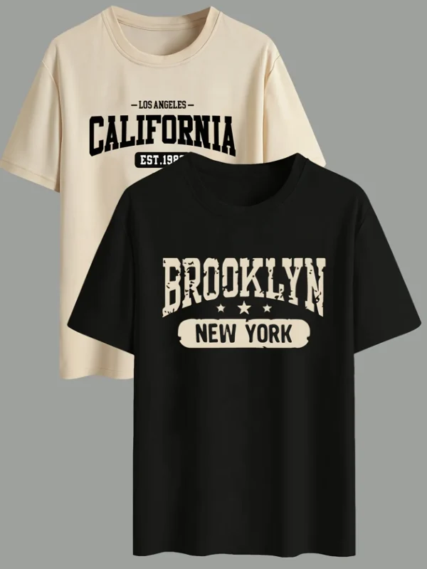 2-piece Men's Summer Casual Trendy Crew Neck T-shirts with NY Letter Prints, Great for Home and Outdoor Wear Scenarios
