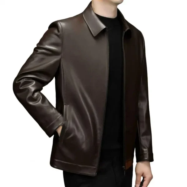 Long Sleeve Men Jacket Stylish Men's Faux Leather Jacket with Zipper Placket Lapel Collar Regular Fit Short Style for Casual - Image 2