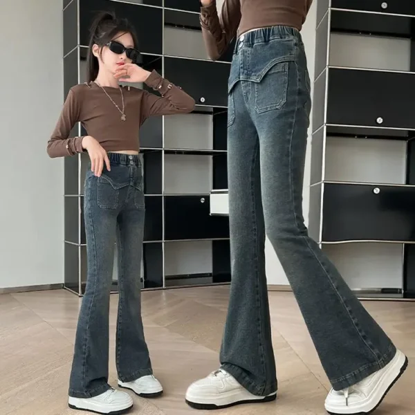 Girls' Spring and Autumn Jeans 2025 New Front Patched Flared Pants Teen Children's Denim Micro Flared Pants Kids Trousers - Image 6