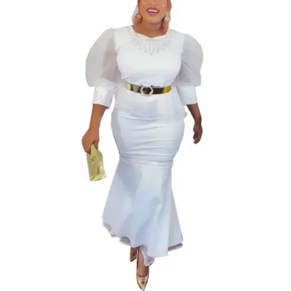 African Women Ruffle Hem Two Pieces Set Formal Elegant Peplum Tops Tulle Puff Sleeve Mermaid Skirt Evening Party Cerebrity Suits - Image 3