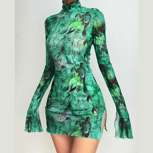 BWQ Ladies Mesh Printed Vintage Dress High Street Slim Elastic Bodycon Party Dress Round Neck Bell Sleeve Side Open Hip Dresses - Image 3