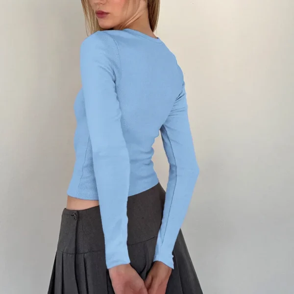Women Y2K Crop Tops Long Sleeve Ribbed Knit Shirts Cute Bow Embroidery Tee Shirts Teen Girls Slim Fitted Baby Tees - Image 6