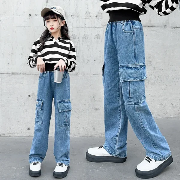 Fashion 2025 Cargo Jeans for Girls Spring Blue Pocket Hot Deals Teens Kids Cargo Pants Casual Straight School Children Trousers - Image 3
