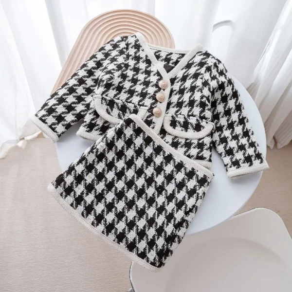 2023 Spring Girls Fashion Plaid 2pcs Suit Baby Kids Children Clothing Set Including Coat+ Skirt Four Colors