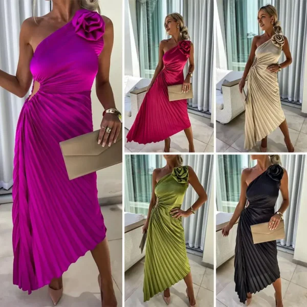 Women Evening Dress One Shoulder Flower Decor Hollow Out Backless Sleeveless Irregular Hem Cocktail Party Wedding Midi Dress - Image 3