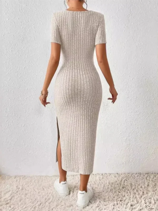 Fashion Solid Color Knitted Slim Long Dresses Women Sexy Square Collar Package Hip Bodycon Slit Dress Elegant Lady Knitt Vestido - Image 4