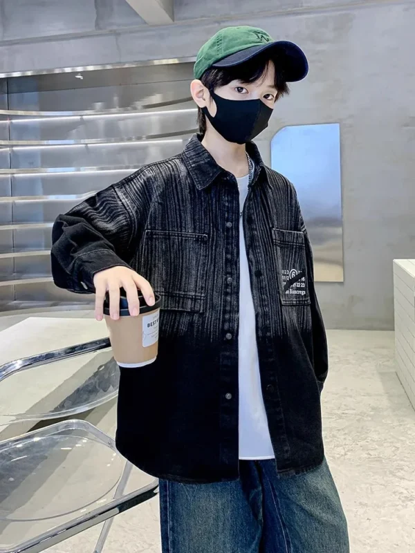 New Autumn Teenage Gradient Black And Denim Jacket for Boy Kids Streetwear Harajuku Jeans Coat Clothing Child Luxury Outfits - Image 6