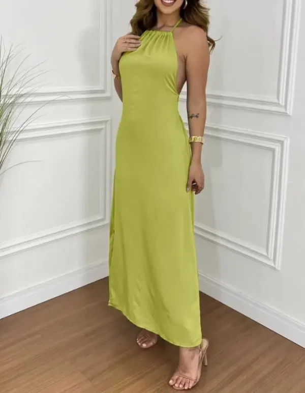 Hanging Neck Suspender Sleeveless Backless Long Skirt Casual Shirt Slit Vacation Dress Women's Summer Sexy Solid Color Dress - Image 2