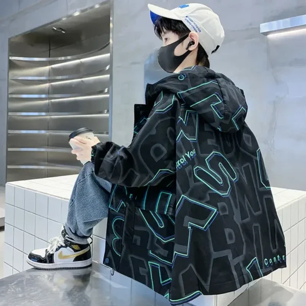 5-14 Years Fashion Windbreaker Jackets Spring Autumn Coats Teens Big Boys Clothes Hooded Jacket Solid Print Children Outwear