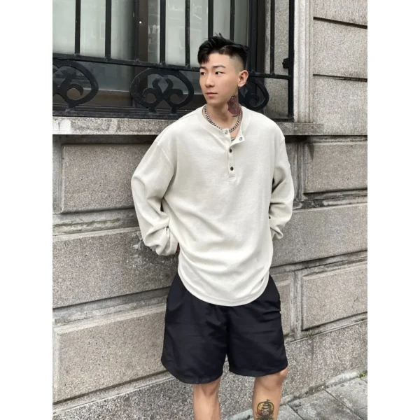 New Men's Loose Long Sleeve T-Shirt Brand Clothes Textured Pleated Miyake Button Placket Henley Collar Plus Size Men Clothe - Image 4
