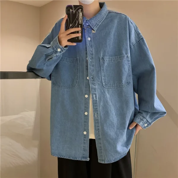 Denim long sleeved shirt men's solid color autumn Korean version trendy simple shirt Hong Kong style loose jacket - Image 2