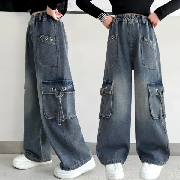 Girls Retro Distressed Cargo Jeans with Pocket For Teenage Kids Baggy Cargo Jeans Trousers Child Fashion Streetwear Denim Pants - Image 4