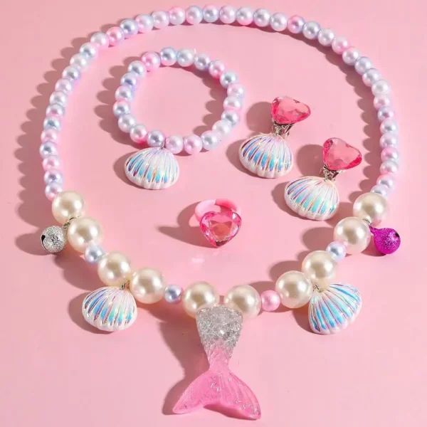 2pcs/Set Fashion Pink Purple Beads Jewelry Cute Mermaid Pattern Necklace - Image 2