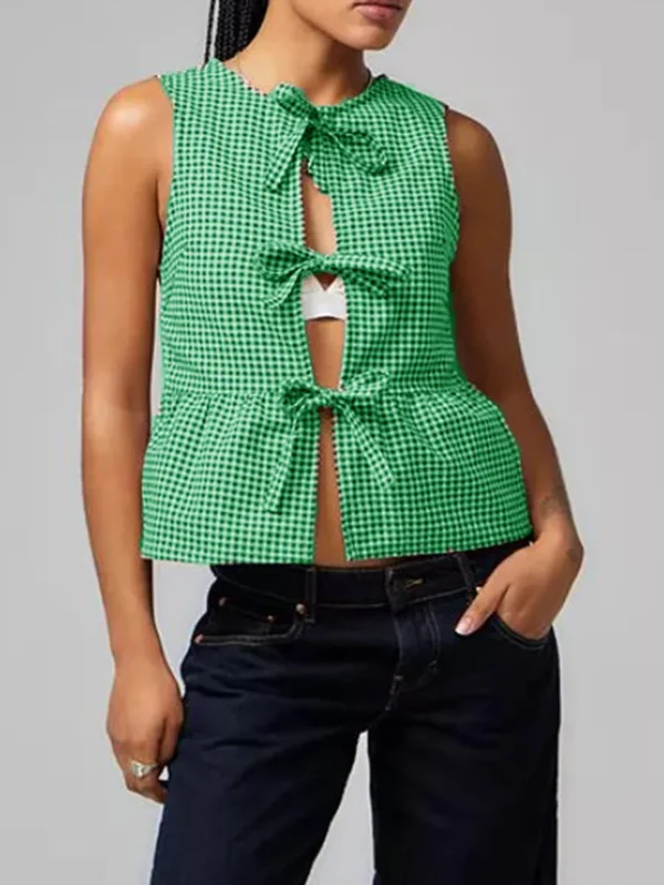 Women Bow Tie Tank Top Summer Sleeveless Crew Neck Tie-up Plaid Peplum Tops Casual Loose Ladies T-shirts Vests Streetwear Y2K - Image 3