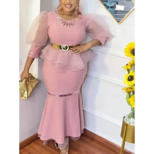 African Women Ruffle Hem Two Pieces Set Formal Elegant Peplum Tops Tulle Puff Sleeve Mermaid Skirt Evening Party Cerebrity Suits