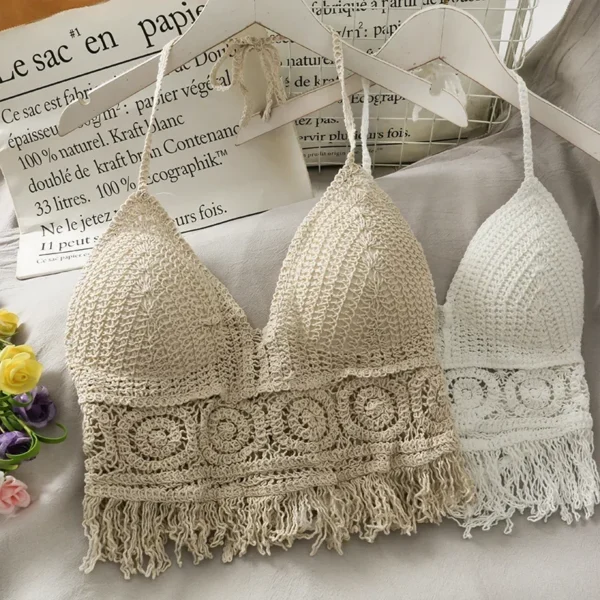 Woman Sexy Top Crochet Tank Tops Women Corset Femme Tanks Crop Camisole Fashion Knit Camis Built In Bra Back Lace Halter Neck