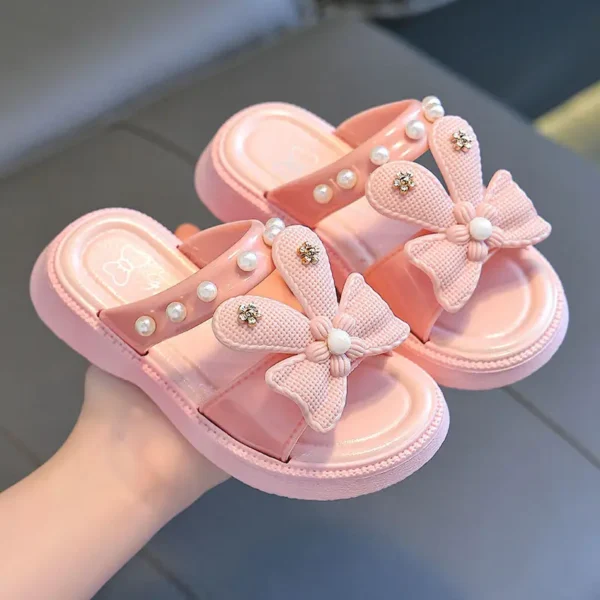 Girls Slippers Fashion Cartoon Princess Shoes Summer Soft Sole Non-slip Indoor Slippers Cute Bow Pearl Bathroom Slides Flip Flop - Image 6