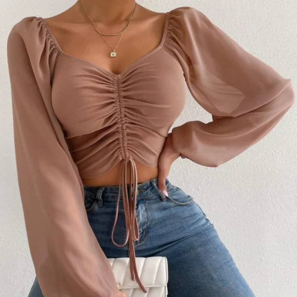 Sexy Mesh Lantern Sleeves Drawstring Wrap Chest Bare Midriff T Shirt Women Long Sleeves Bottoming Shirt Ladies Tee Shirt Tops - Image 6