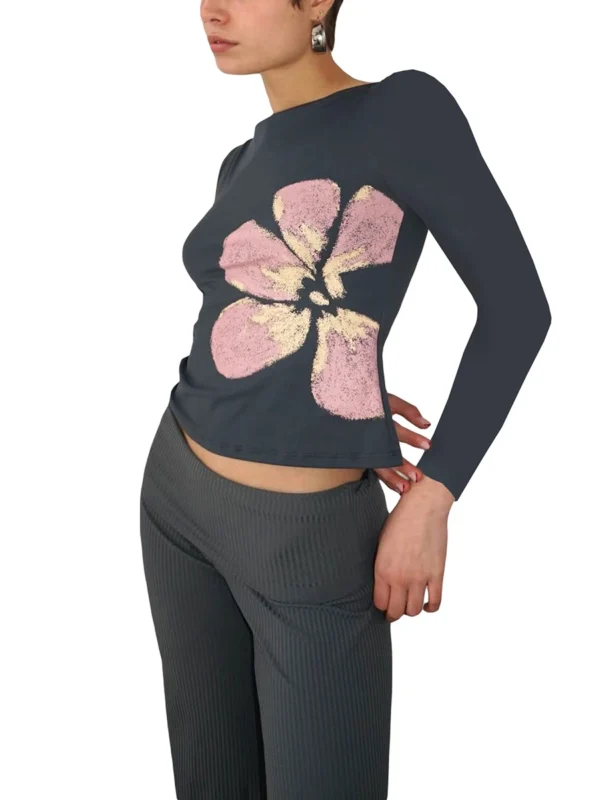 Women Y2k Graphic Baby Tee Long Sleeve Printed Crop Top Teen Girls Slim Fit Aesthetic Flower Shirt Streetwear - Image 2